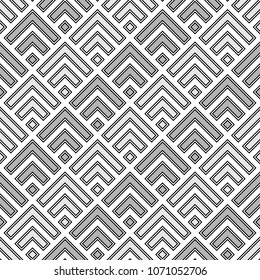 Seamless Chinese window tracery pattern design. Repeated black diamonds and angle brackets on white background. Scallop ornament. Image with scales. Ancient japanese scallops motif. Squama. Vector art