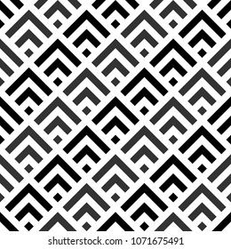 Seamless Chinese window tracery pattern design. Repeated black diamonds and angle brackets on white background. Scallop ornament. Image with scales. Ancient japanese scallops motif. Squama. Vector art