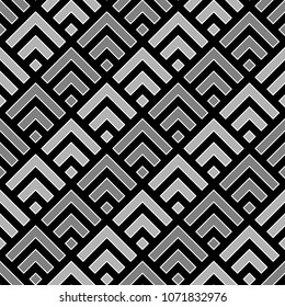 Seamless Chinese window tracery pattern design. Repeated black diamonds and angle brackets on white background. Scallop ornament. Image with scales. Ancient japanese scallops motif. Squama. Vector art