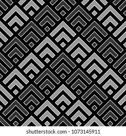 Seamless Chinese window tracery pattern design. Repeated black diamonds and angle brackets on white background. Scallop ornament. Image with scales. Ancient japanese scallops motif. Squama. Vector art