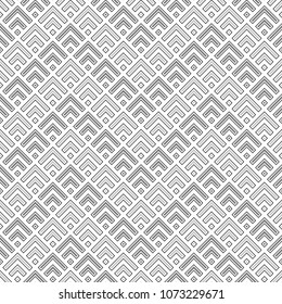 Seamless Chinese window tracery pattern design. Repeated black diamonds and angle brackets on white background. Scallop ornament. Image with scales. Ancient japanese scallops motif. Squama. Vector art