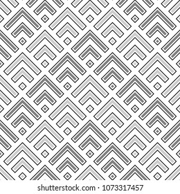 Seamless Chinese window tracery pattern design. Repeated black diamonds and angle brackets on white background. Scallop ornament. Image with scales. Ancient japanese scallops motif. Squama. Vector art