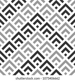 Seamless Chinese window tracery pattern design. Repeated black diamonds and angle brackets on white background. Scallop ornament. Image with scales. Ancient japanese scallops motif. Squama. Vector art