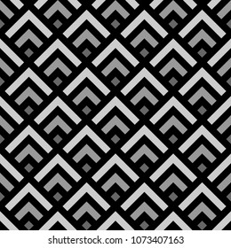 Seamless Chinese window tracery pattern design. Repeated black diamonds and angle brackets on white background. Scallop ornament. Image with scales. Ancient japanese scallops motif. Squama. Vector art