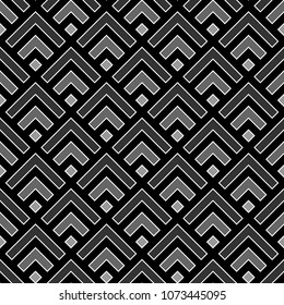 Seamless Chinese window tracery pattern design. Repeated black diamonds and angle brackets on white background. Scallop ornament. Image with scales. Ancient japanese scallops motif. Squama. Vector art