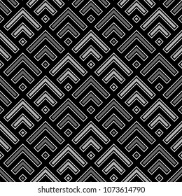Seamless Chinese window tracery pattern design. Repeated black diamonds and angle brackets on white background. Scallop ornament. Image with scales. Ancient japanese scallops motif. Squama. Vector art