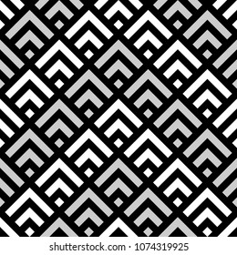 Seamless Chinese window tracery pattern design. Repeated black diamonds and angle brackets on white background. Scallop ornament. Image with scales. Ancient japanese scallops motif. Squama. Vector art