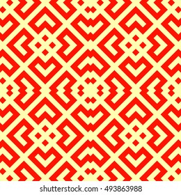 Seamless Chinese window tracery pattern. Repeated stylized red rhombuses on yellow background. Symmetric geometric abstract wallpaper. Trellis motif. Digital paper, textile print. Vector illustration