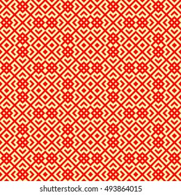 Seamless Chinese window tracery pattern. Repeated stylized red rhombuses on yellow background. Symmetric geometric abstract wallpaper. Trellis motif. Digital paper, textile print. Vector illustration