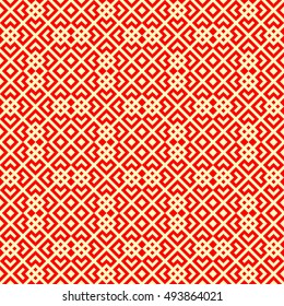 Seamless Chinese window tracery pattern. Repeated stylized red rhombuses on yellow background. Symmetric geometric abstract wallpaper. Trellis motif. Digital paper, textile print. Vector illustration