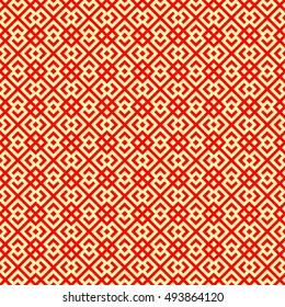 Seamless Chinese window tracery pattern. Repeated stylized red rhombuses on yellow background. Symmetric geometric abstract wallpaper. Trellis motif. Digital paper, textile print. Vector illustration