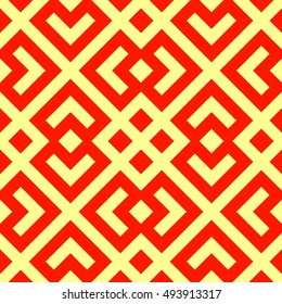 Seamless Chinese window tracery pattern. Repeated stylized red rhombuses on yellow background. Symmetric geometric abstract wallpaper. Trellis motif. Digital paper, textile print. Vector illustration