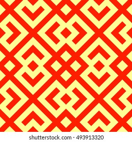 Seamless Chinese window tracery pattern. Repeated stylized red rhombuses on yellow background. Symmetric geometric abstract wallpaper. Trellis motif. Digital paper, textile print. Vector illustration