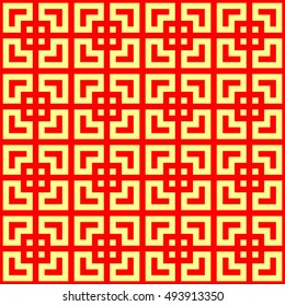 Seamless Chinese window tracery pattern. Repeated stylized red squares on yellow background. Symmetric geometric abstract wallpaper. Trellis motif. Digital paper, textile print. Vector illustration