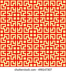 Seamless Chinese window tracery pattern. Repeated stylized red squares on yellow background. Symmetric geometric abstract wallpaper. Trellis motif. Digital paper, textile print. Vector illustration