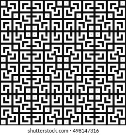 Seamless Chinese window tracery pattern. Repeated stylized black squares on white background. Symmetric geometric abstract wallpaper. Trellis motif. Digital paper, textile print. Vector illustration