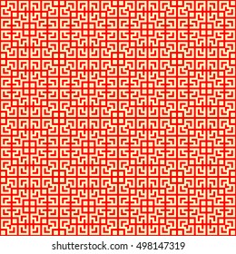 Seamless Chinese window tracery pattern. Repeated stylized red squares on yellow background. Symmetric geometric abstract wallpaper. Trellis motif. Digital paper, textile print. Vector illustration