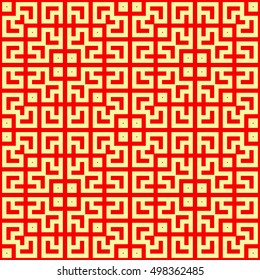 Seamless Chinese window tracery pattern. Repeated stylized red squares on yellow background. Symmetric geometric abstract wallpaper. Trellis motif. Digital paper, textile print. Vector illustration