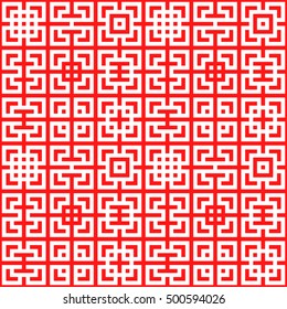 Seamless Chinese window tracery pattern. Repeated stylized red squares on white background. Symmetric geometric abstract wallpaper. Trellis motif. Digital paper, textile print. Vector illustration