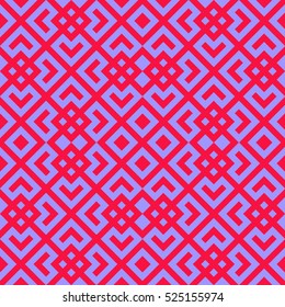 Seamless Chinese window tracery pattern. Repeated stylized red rhombuses on violet background. Symmetric geometric abstract wallpaper. Trellis motif. Digital paper, textile print. Vector illustration