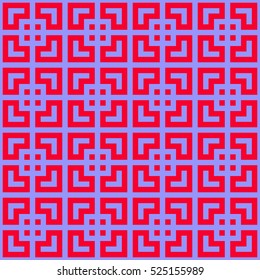 Seamless Chinese window tracery pattern. Repeated stylized red squares on violet background. Symmetric geometric abstract wallpaper. Trellis motif. Digital paper, textile print. Vector illustration