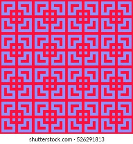 Seamless Chinese window tracery pattern. Repeated stylized red squares on violet background. Symmetric geometric abstract wallpaper. Trellis motif. Digital paper, textile print. Vector illustration