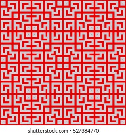 Seamless Chinese window tracery pattern. Lattice motif. Repeated stylized red squares on grey background. Symmetric geometric abstract wallpaper. Digital paper, textile print. Vector art illustration