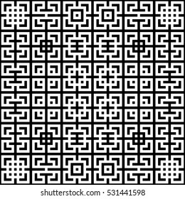 Seamless Chinese window tracery pattern. Trellis motif. Repeated stylized black squares on white background. Symmetric geometric abstract wallpaper. Digital paper, textile print. Vector illustration