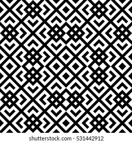 Seamless Chinese window tracery pattern. Lattice motif. Repeated black figures and lines on white background. Symmetric geometric abstract wallpaper. Digital paper for print. Vector art illustration