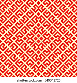 Seamless Chinese window tracery pattern. Repeated stylized red rhombuses on yellow background. Symmetric geometric abstract wallpaper. Trellis motif. Digital paper, textile print. Vector illustration