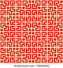 Seamless Chinese window tracery pattern. Repeated stylized red figures on yellow background. Symmetric geometric abstract wallpaper. Trellis motif. Digital paper, textile print. Vector illustration