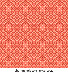 Seamless Chinese window tracery pattern. Repeated stylized red rhombuses on yellow background. Symmetric geometric abstract wallpaper. Trellis motif. Digital paper, textile print. Vector illustration