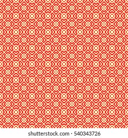 Seamless Chinese window tracery pattern. Repeated stylized red rhombuses on yellow background. Symmetric geometric abstract wallpaper. Trellis motif. Digital paper, textile print. Vector illustration