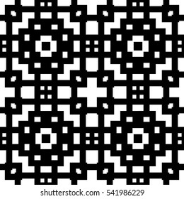 Seamless Chinese window tracery pattern. Repeated stylized black squares and crossed lines on white background. Lattice motif. Symmetric geometric grid wallpaper. Digital paper. Vector illustration