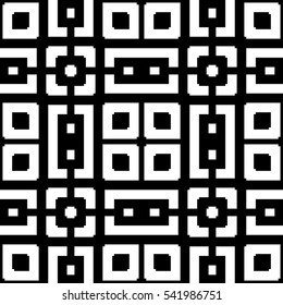 Seamless Chinese window tracery pattern. Repeated stylized black squares and crossed lines on white background. Lattice motif. Symmetric geometric grid wallpaper. Digital paper. Vector illustration
