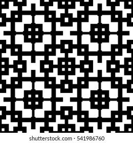 Seamless Chinese window tracery pattern. Repeated stylized black squares and crossed lines on white background. Lattice motif. Symmetric geometric grid wallpaper. Digital paper. Vector illustration