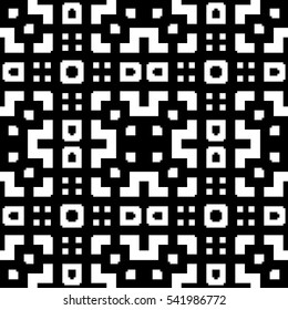 Seamless Chinese window tracery pattern. Repeated stylized black squares and crossed lines on white background. Lattice motif. Symmetric geometric grid wallpaper. Digital paper. Vector illustration