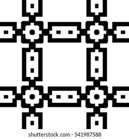 Seamless Chinese window tracery pattern. Repeated stylized black squares and crossed lines on white background. Lattice motif. Symmetric geometric grid wallpaper. Digital paper. Vector illustration