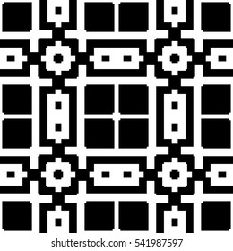 Seamless Chinese window tracery pattern. Repeated stylized black squares and crossed lines on white background. Lattice motif. Symmetric geometric grid wallpaper. Digital paper. Vector illustration