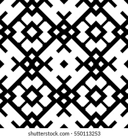 Seamless Chinese window tracery pattern. Repeated white figures on black background. Symmetric geometric wallpaper. Trellis motif. Digital paper for textile print. Ethnic vector art illustration