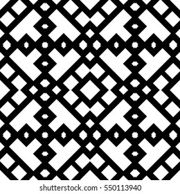 Seamless Chinese window tracery pattern. Repeated white figures on black background. Symmetric geometric wallpaper. Trellis motif. Digital paper for textile print. Ethnic vector art illustration