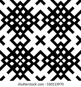 Seamless Chinese window tracery pattern. Repeated white figures on black background. Symmetric geometric wallpaper. Trellis motif. Digital paper for textile print. Ethnic vector art illustration