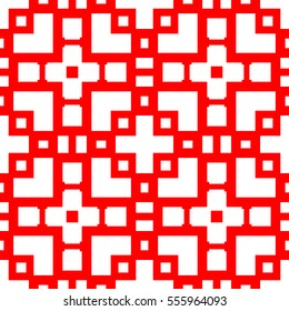 Seamless Chinese window tracery pattern. Repeated white figures on red background. Symmetric geometric wallpaper. Trellis motif. Digital paper for textile print. Ethnic vector art illustration