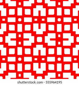 Seamless Chinese window tracery pattern. Repeated white figures on red background. Symmetric geometric wallpaper. Trellis motif. Digital paper for textile print. Ethnic vector art illustration