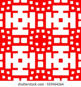 Seamless Chinese window tracery pattern. Repeated white figures on red background. Symmetric geometric wallpaper. Trellis motif. Digital paper for textile print. Ethnic vector art illustration
