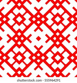 Seamless Chinese window tracery pattern. Repeated white figures on red background. Symmetric geometric wallpaper. Trellis motif. Digital paper for textile print. Ethnic vector art illustration