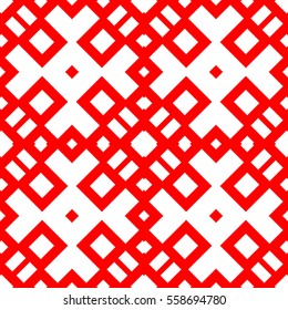 Seamless Chinese window tracery pattern. Repeated white figures on red background. Symmetric geometric wallpaper. Trellis motif. Digital paper for textile print. Ethnic vector art illustration