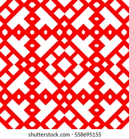 Seamless Chinese window tracery pattern. Repeated white figures on red background. Symmetric geometric wallpaper. Trellis motif. Digital paper for textile print. Ethnic vector art illustration.