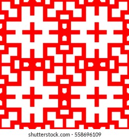 Seamless Chinese window tracery pattern. Repeated white figures on red background. Symmetric geometric wallpaper. Trellis motif. Digital paper for textile print. Ethnic vector art illustration