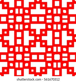 Seamless Chinese window tracery pattern. Repeated white figures on red background. Symmetric geometric wallpaper. Trellis motif. Digital paper for textile print. Ethnic vector art illustration.